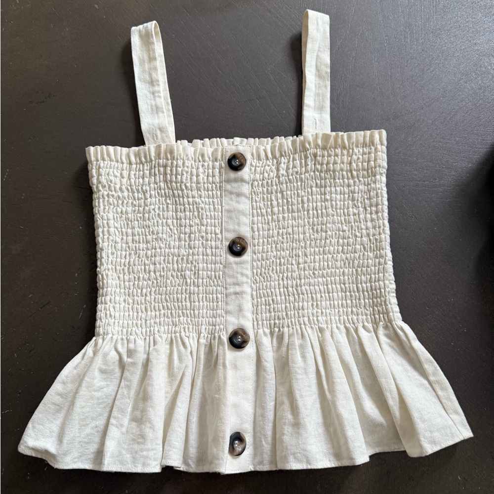 Socialite Cream Linen Peplum Button-Down Smocked Sleeveless Tank Top Size Medium - Picture 14 of 14